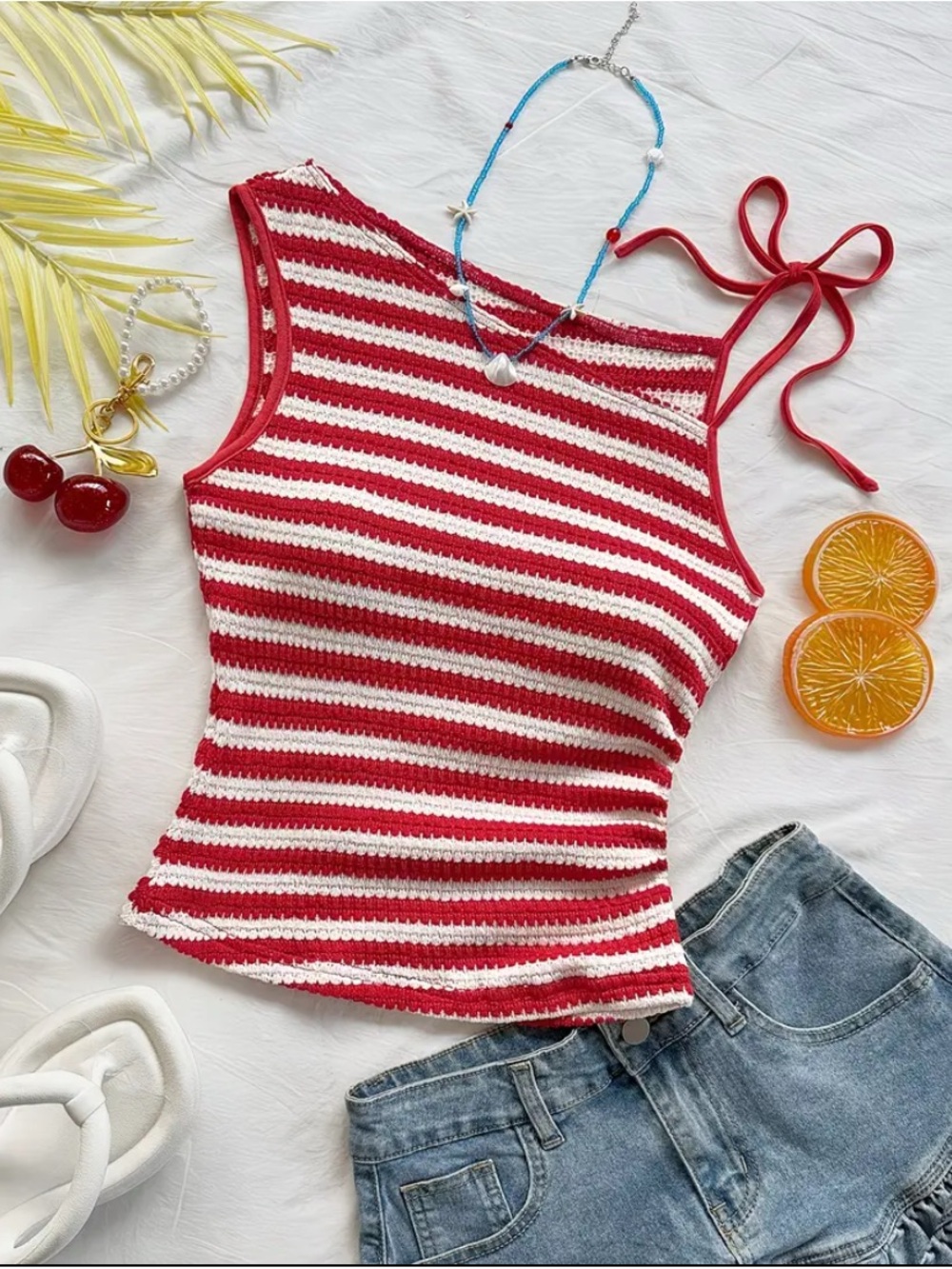 Red & White Striped One-Shoulder Knit Tank Top